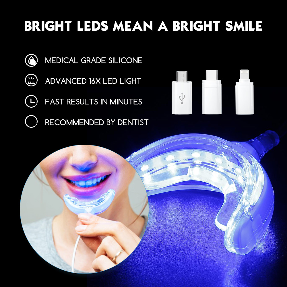 Teeth Whitening Gel Pen - Luxsmile-歯のホワイトニングペン,LEDライト付きUSB充電器,16個のLEDライト,青,歯のホワイトニングジェル
