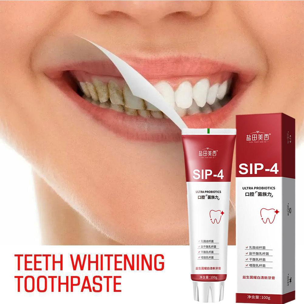 Teeth Whitening Toothpaste - 100g Sip-4 プロバイオティクスホワイトニング歯磨き粉、黄ばみ改善、歯の汚れを落とす、フレッシュ歯磨き粉、口臭除去歯磨き粉