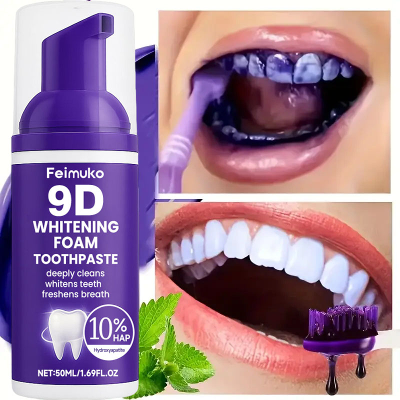 9D パープル歯磨き粉ムース 黄ばんだ歯の汚れ除去用集中ステ - Teeth Whitening Toothpaste のレビューと価格